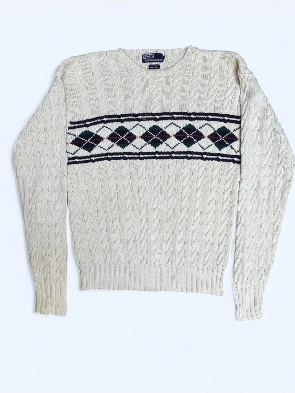 Vintage Polo Ralph Lauren Men's Cream Cable Knit Argyle Sweater academia teacher
